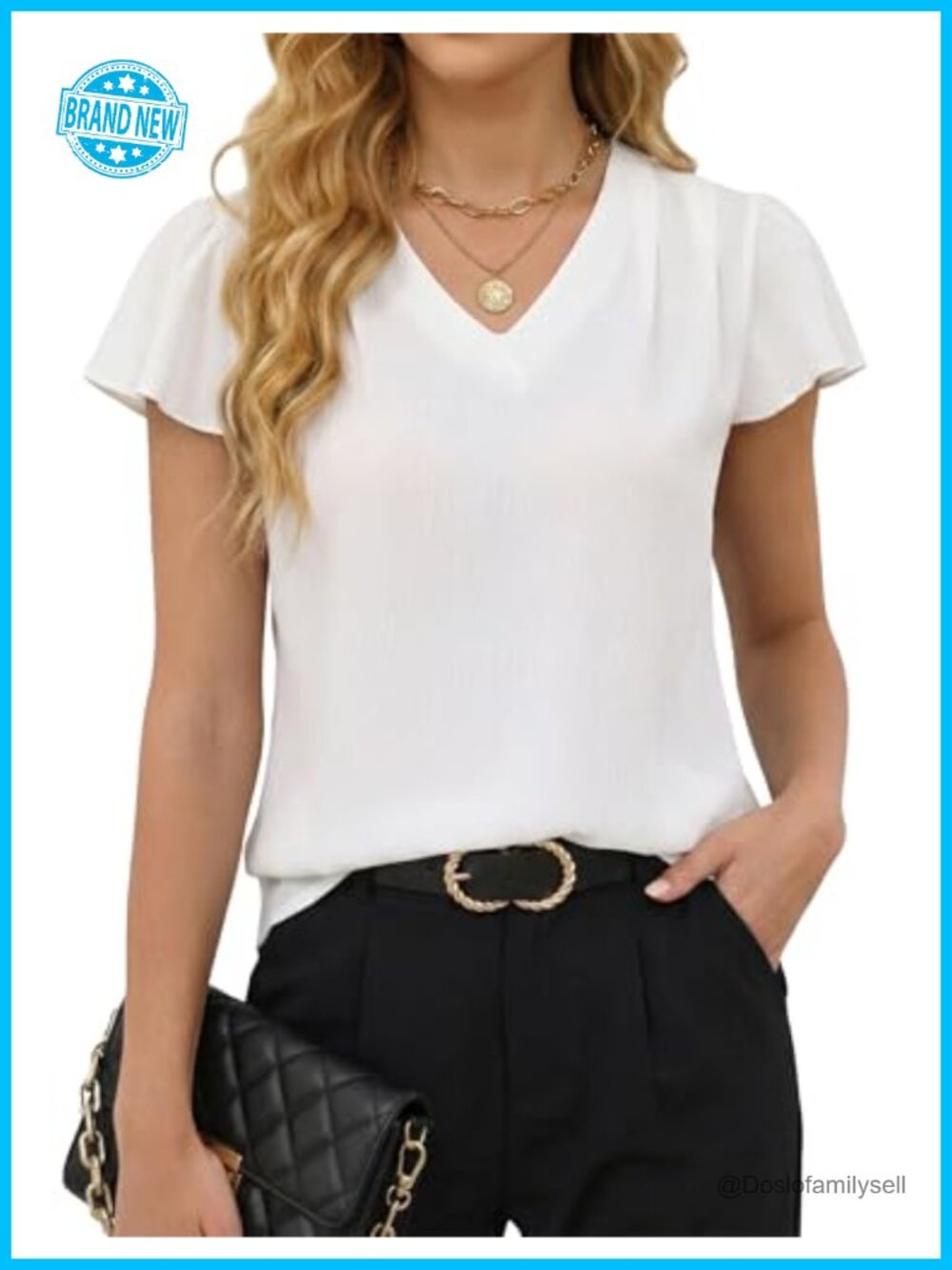 Womens Ruffle Short Sleeve V-Neck Business Casual Work Blouse